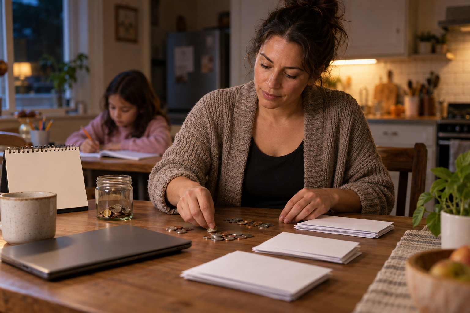A parent sorts coins and unmarked envelopes at a kitchen table while their child works nearby.