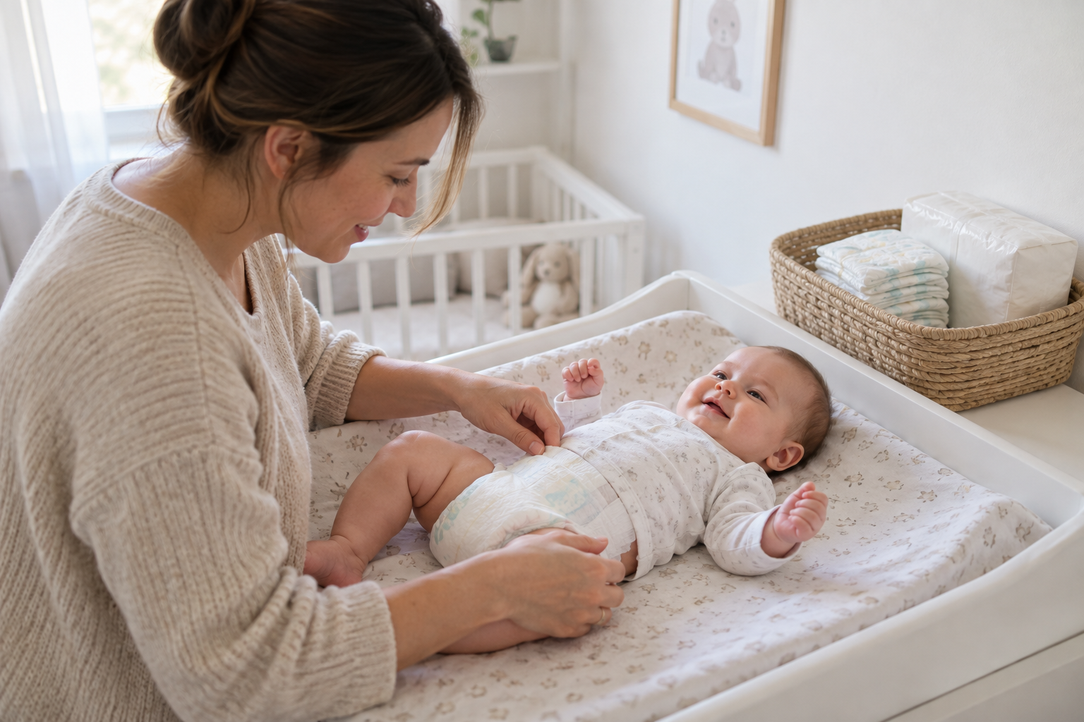 A caregiver checks a baby's diaper waistband and leg openings beside a small supply of spare diapers.