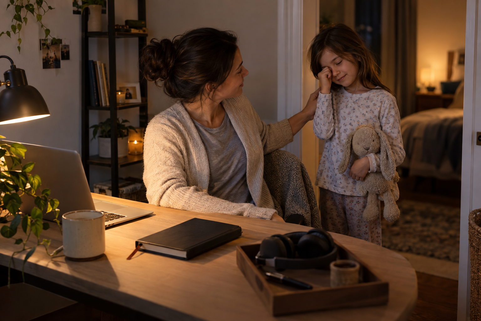 A parent pauses studying to comfort a sleepy child beside an organized desk.