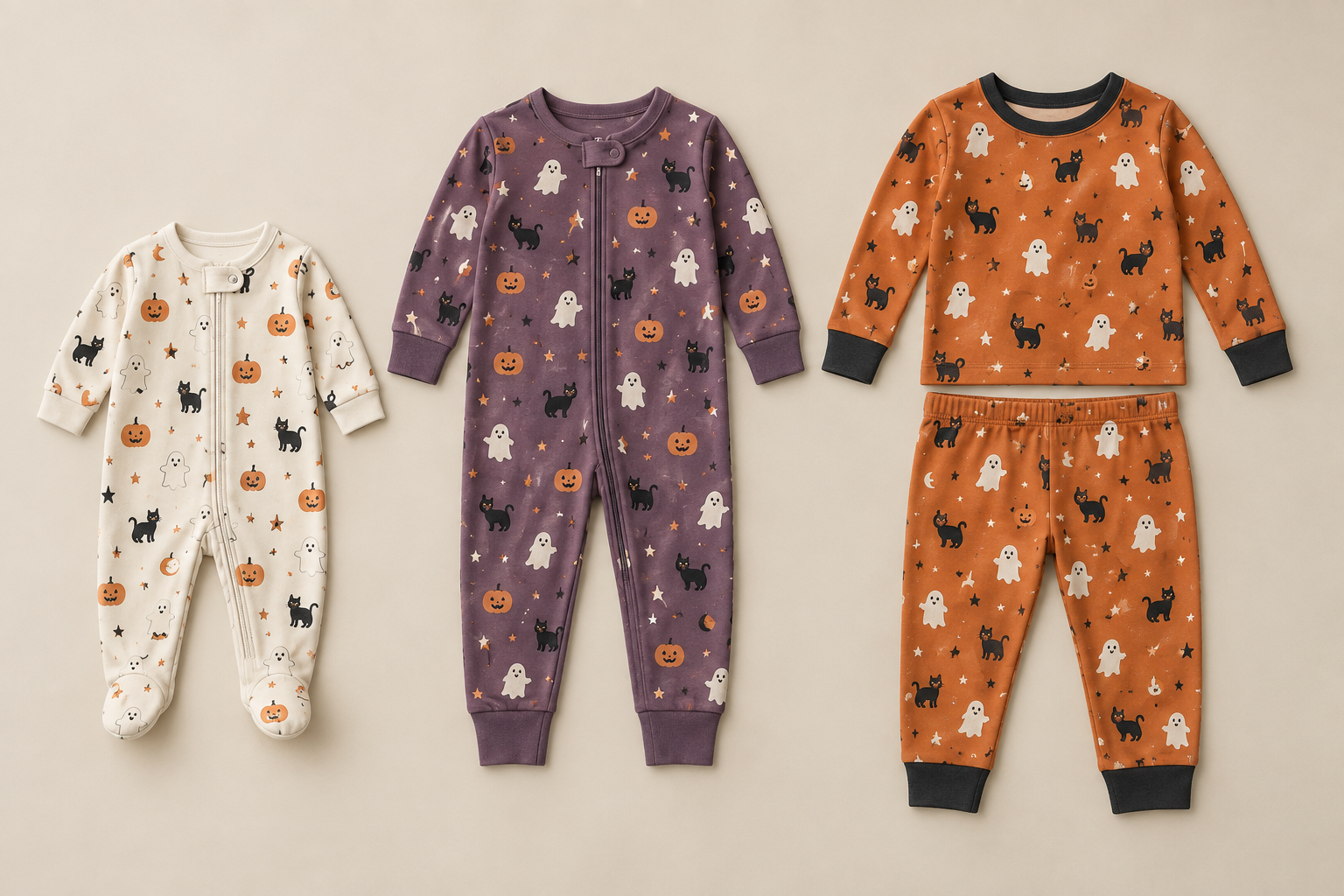 A footed sleeper, a footless one-piece sleeper, and a toddler two-piece pajama set are arranged from smallest to largest in an overhead flat lay.