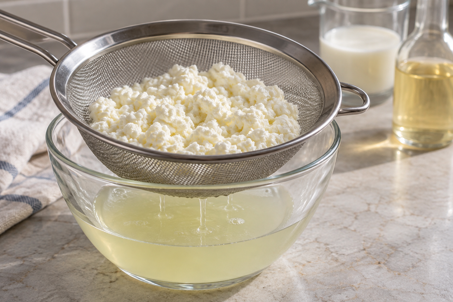 White casein curds sit in a fine-mesh strainer while pale yellow whey drains into a clear bowl below.