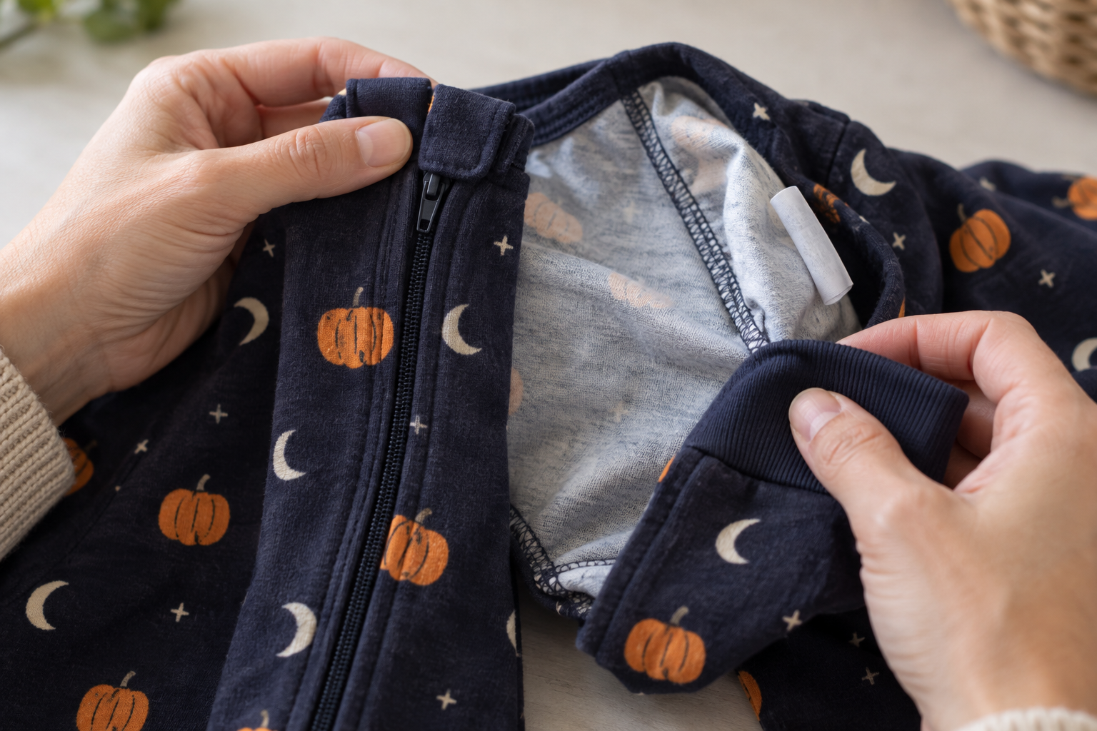 Adult hands inspect the zipper guard, inner seams, cuff, and care tag of a small navy Halloween sleeper.