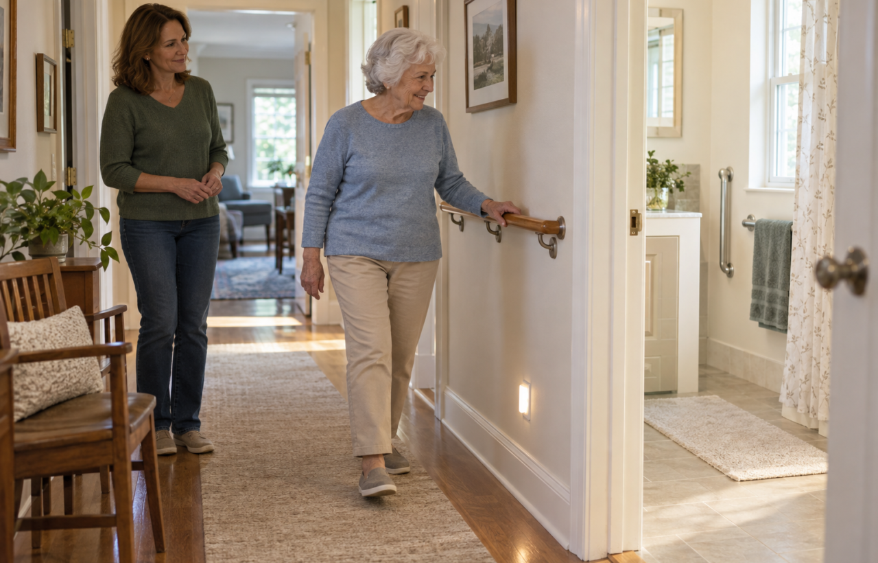 An older adult and a family member assess a well-lit hallway with a clear path, secure handrail, and stable chair.