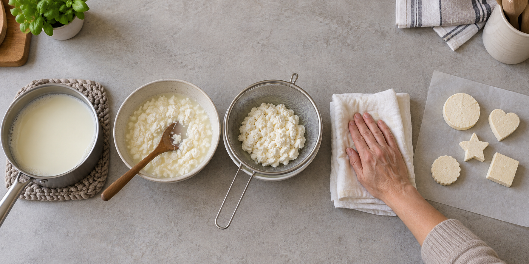 An overhead arrangement shows warmed milk, separated curds, straining, pressing, shaping, and drying on a kitchen counter.