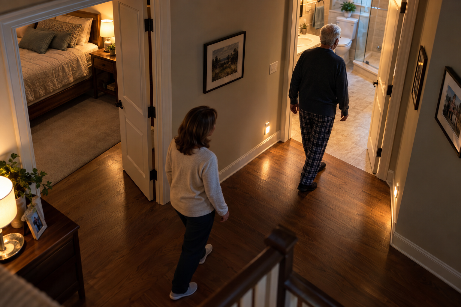 An older adult follows a clear, illuminated route from a bedroom through a hallway to a bathroom.