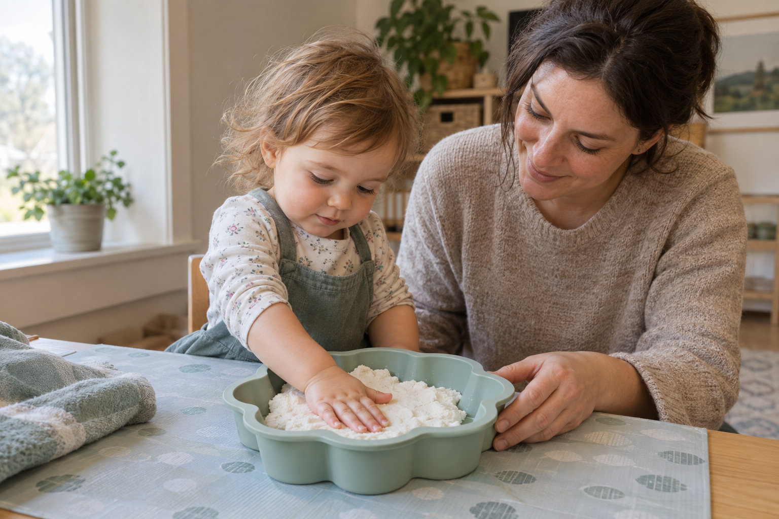 A supervised toddler presses cooled white casein curds into a large silicone mold on a washable mat.