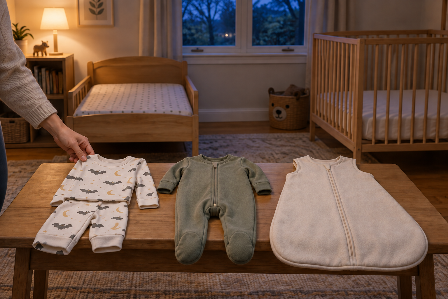 Lightweight pajamas, a warmer sleeper, and a sleeveless sleep sack are laid out in a nursery for an October bedtime.
