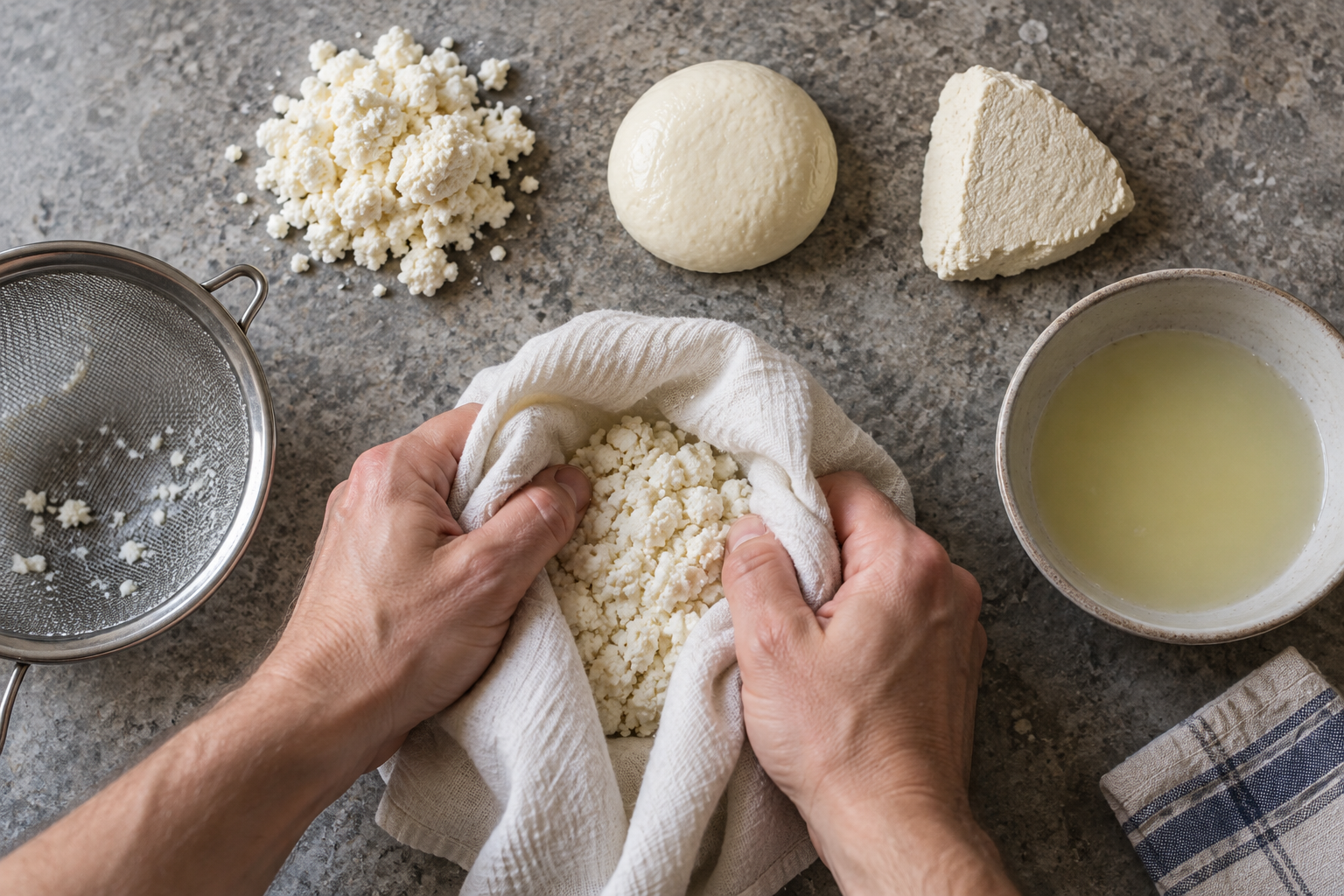 Adult hands press moisture from casein curds beside crumbly, smoothly shaped, and hardened samples.