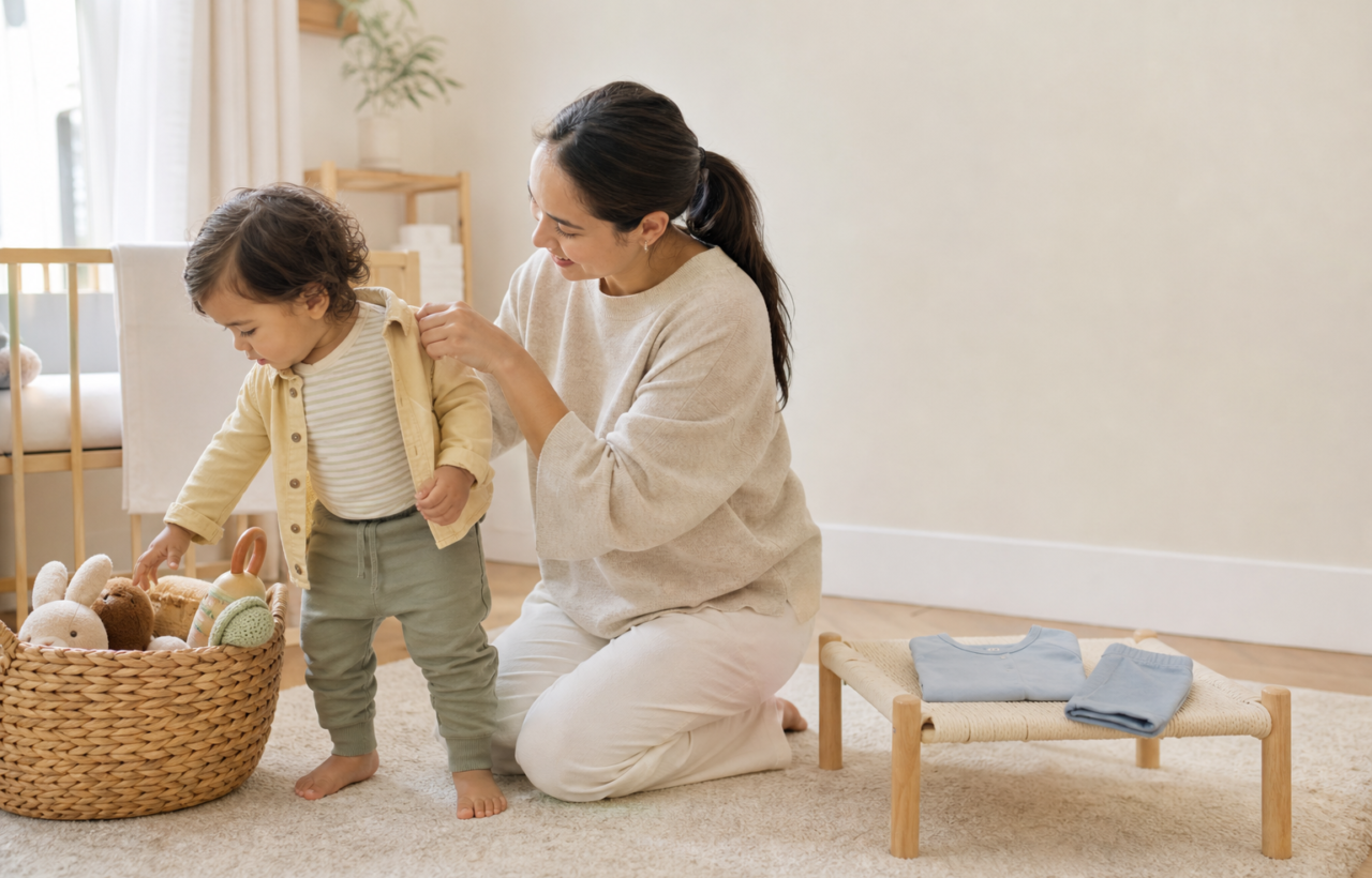 A parent helps a standing toddler into a soft overshirt in a bright nursery beside folded everyday clothes.
