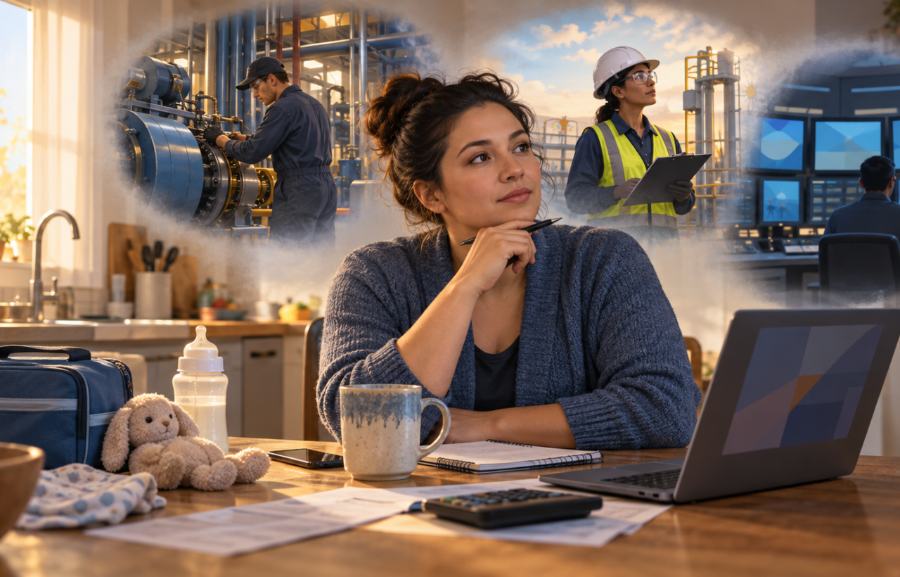 A parent at a kitchen table considers several career paths while surrounded by a laptop, calculator, baby bottle, and child-care items.