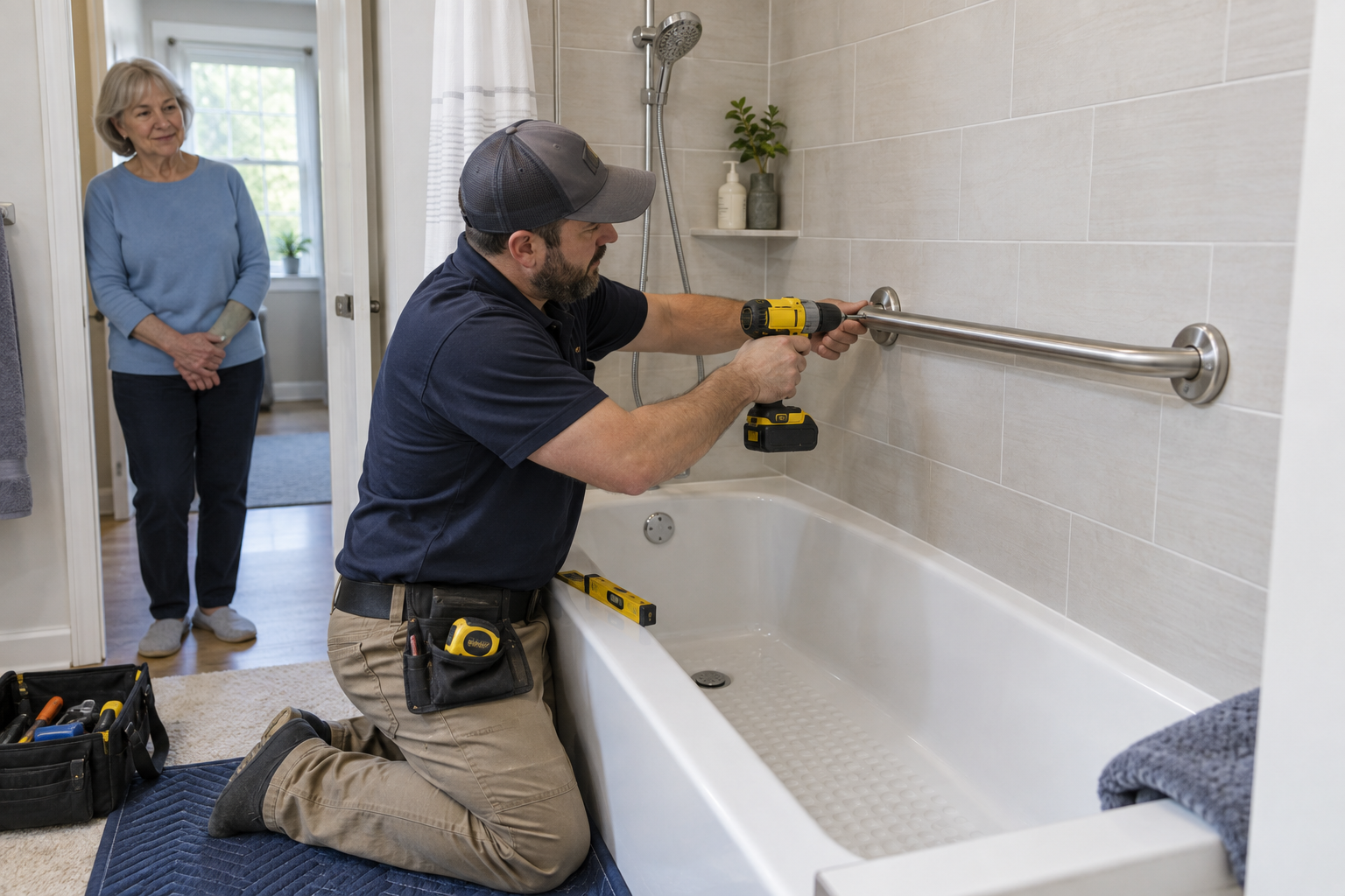 A professional securely installs a permanent grab bar beside a bathtub as an older homeowner observes.