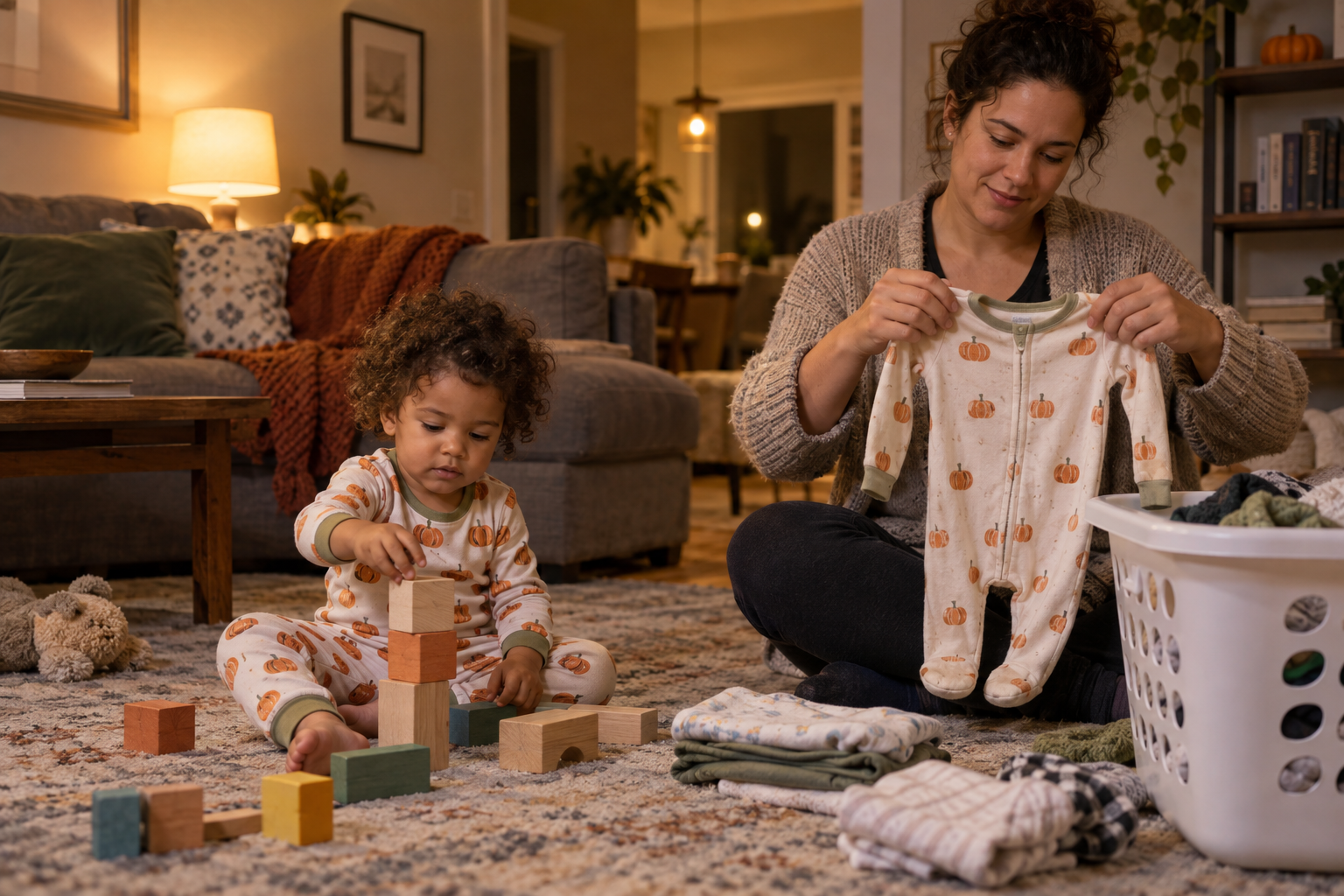 A toddler plays in pumpkin-print pajamas while a parent folds a zip-front baby sleeper beside a laundry basket.