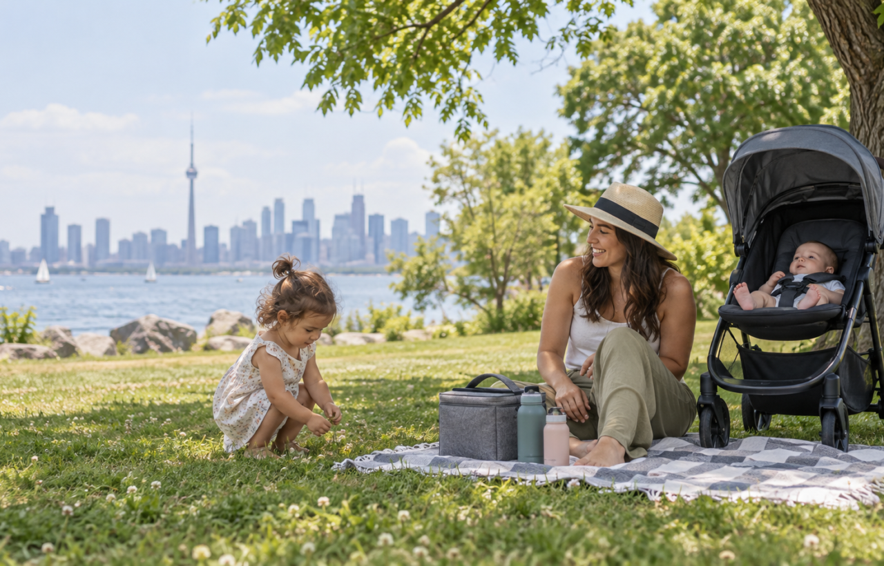 A caregiver, toddler and baby in a stroller spend a quiet summer morning at a Toronto waterfront park with the skyline in the distance.