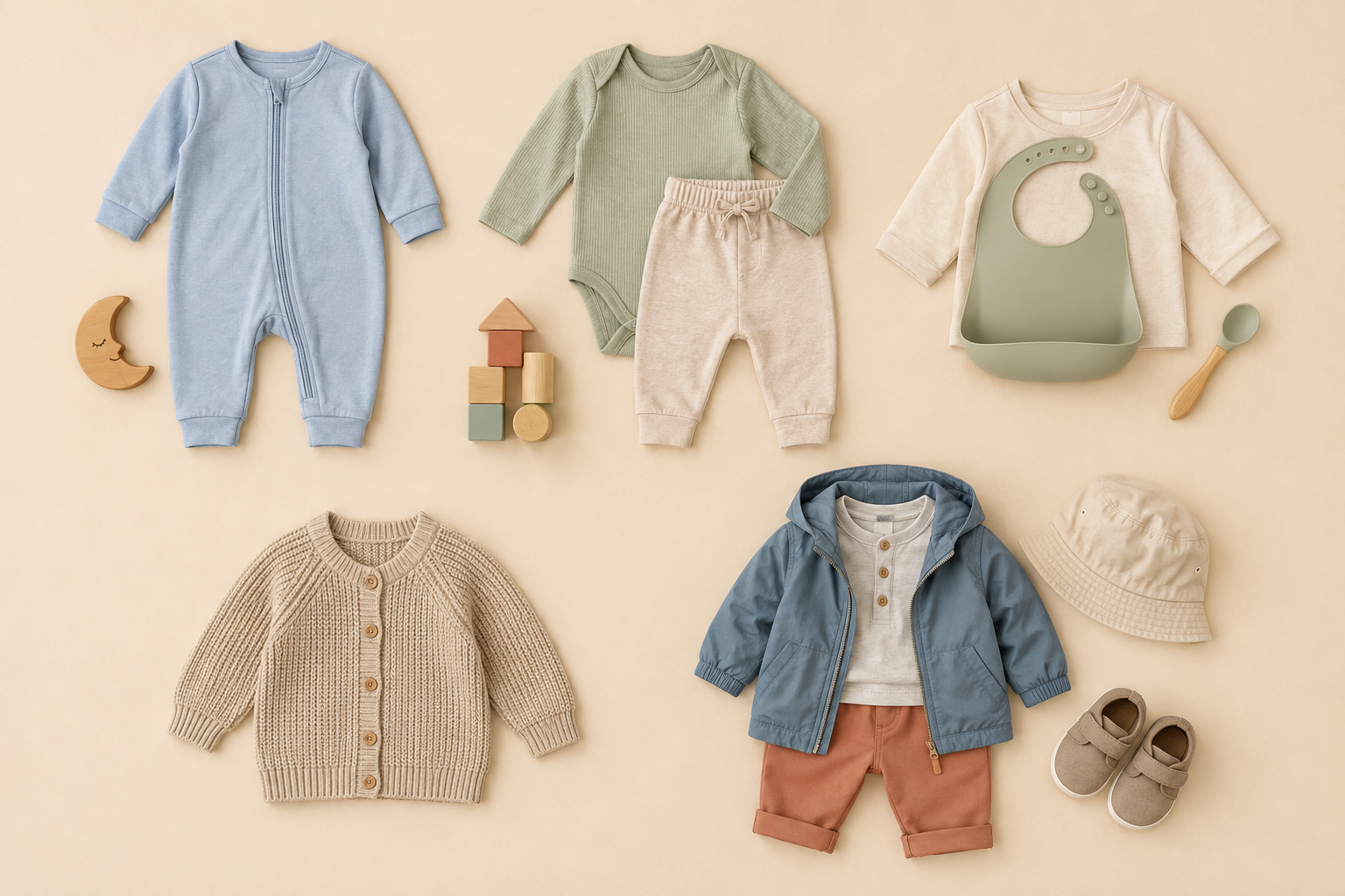 Five groups of baby and toddler clothes are arranged with simple objects representing sleep, play, meals, layering and outings.