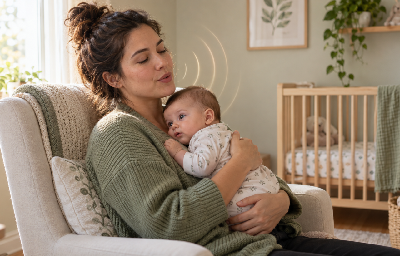 A parent gently hums while holding an awake baby against their chest in a softly lit nursery.