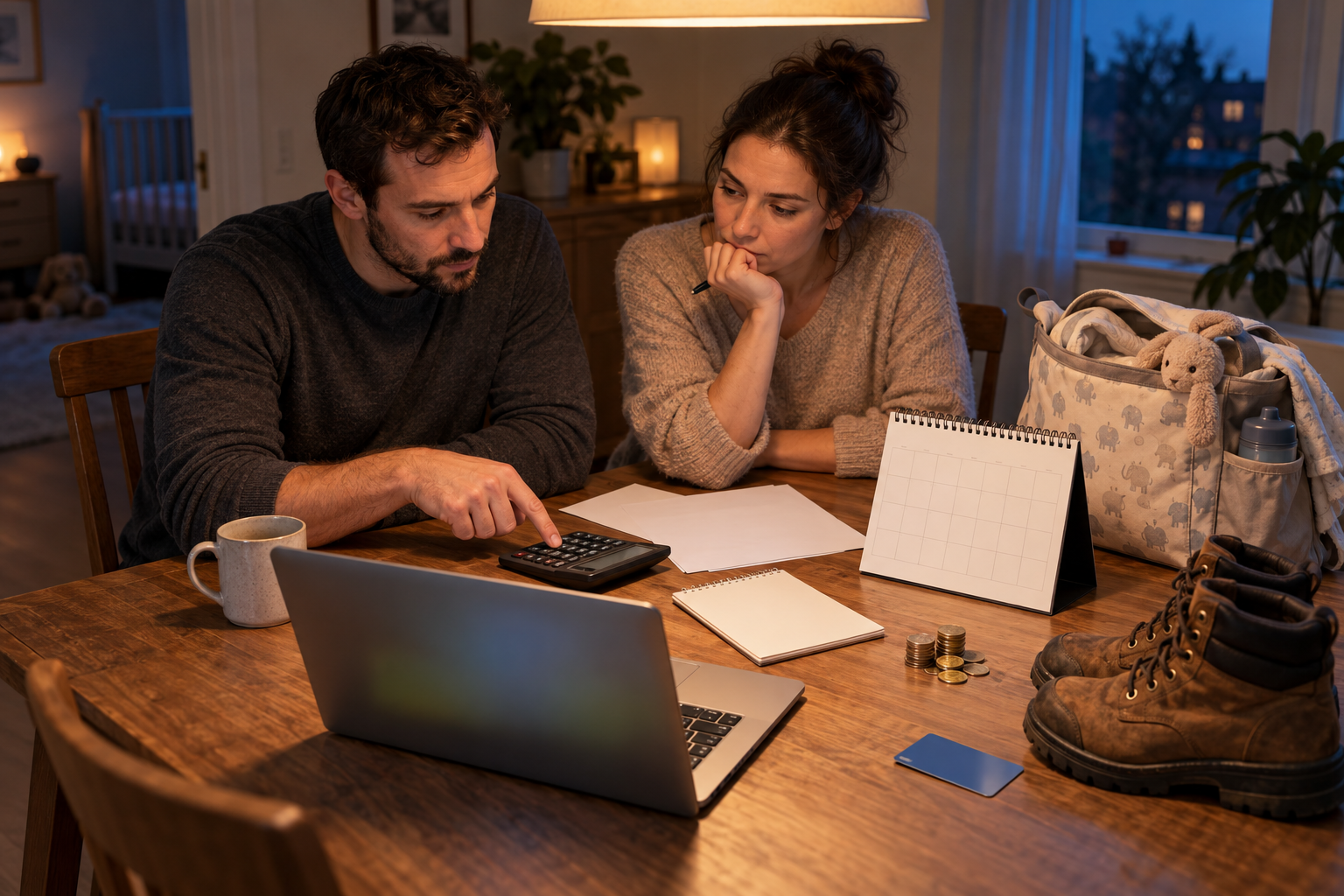 Two parents use a calculator and blank planning materials to compare career income with child-care, commuting, and work-related costs.