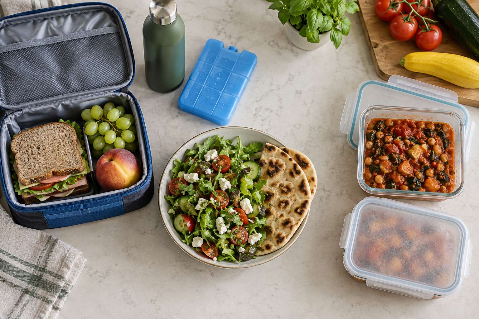 Three grouped meal solutions on a kitchen counter include a packed lunch, a quick summer dinner, and a freezer backup meal.