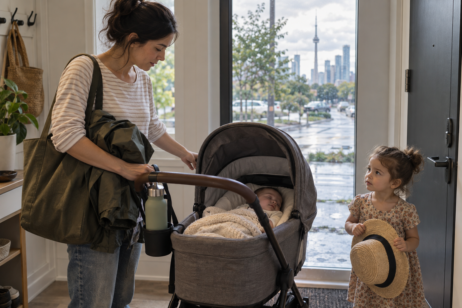 A caregiver prepares for an outing beside a sleeping baby in a stroller and a toddler holding a sunhat near an apartment doorway.