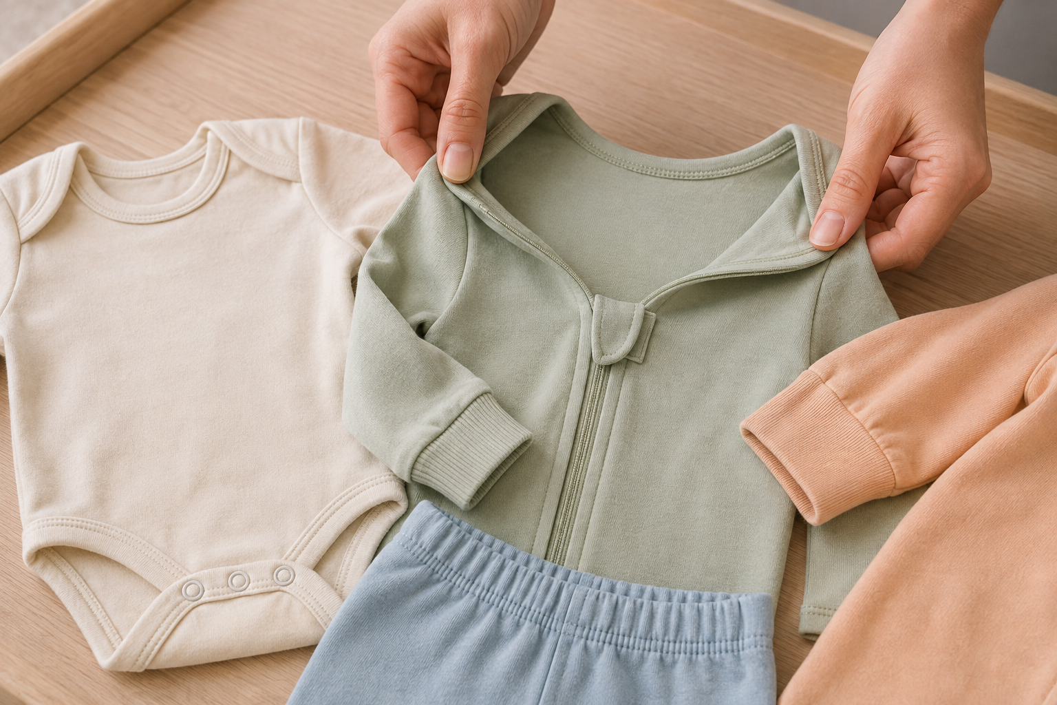 A caregiver's hands demonstrate wide openings, a guarded zipper, snaps, an elastic waistband and soft cuffs on children's clothes.