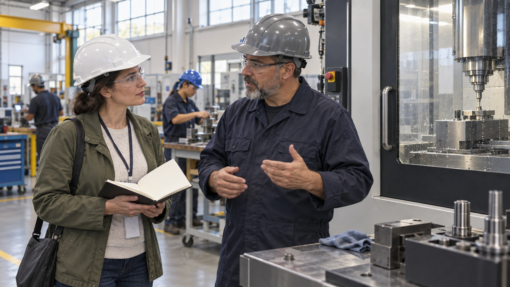 A parent wearing visitor safety gear speaks with an experienced technical worker and observes a hands-on training station.