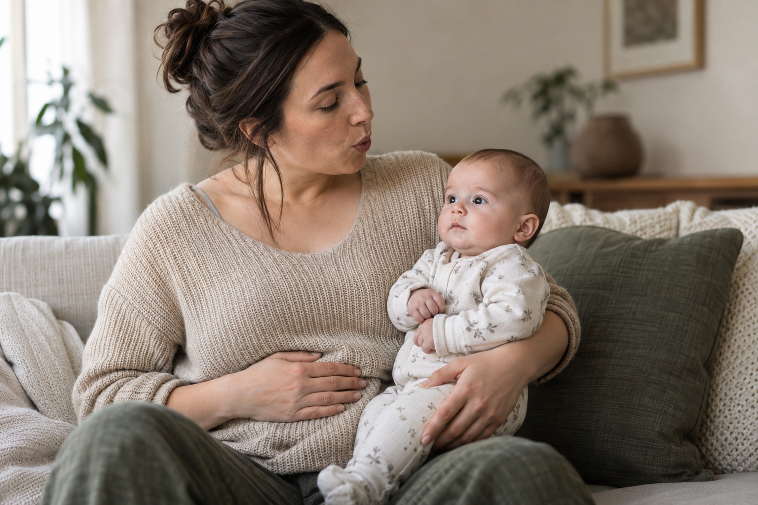A seated caregiver supports an awake baby upright while softly vocalizing from a comfortable distance.