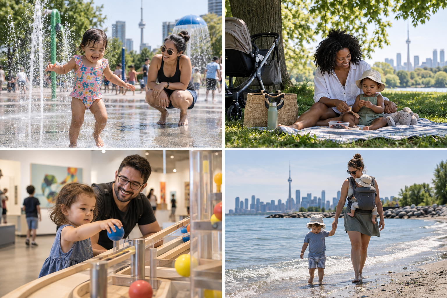 Four scenes show families visiting a splash pad, having a shaded park picnic, exploring a museum and walking beside a Toronto beach.