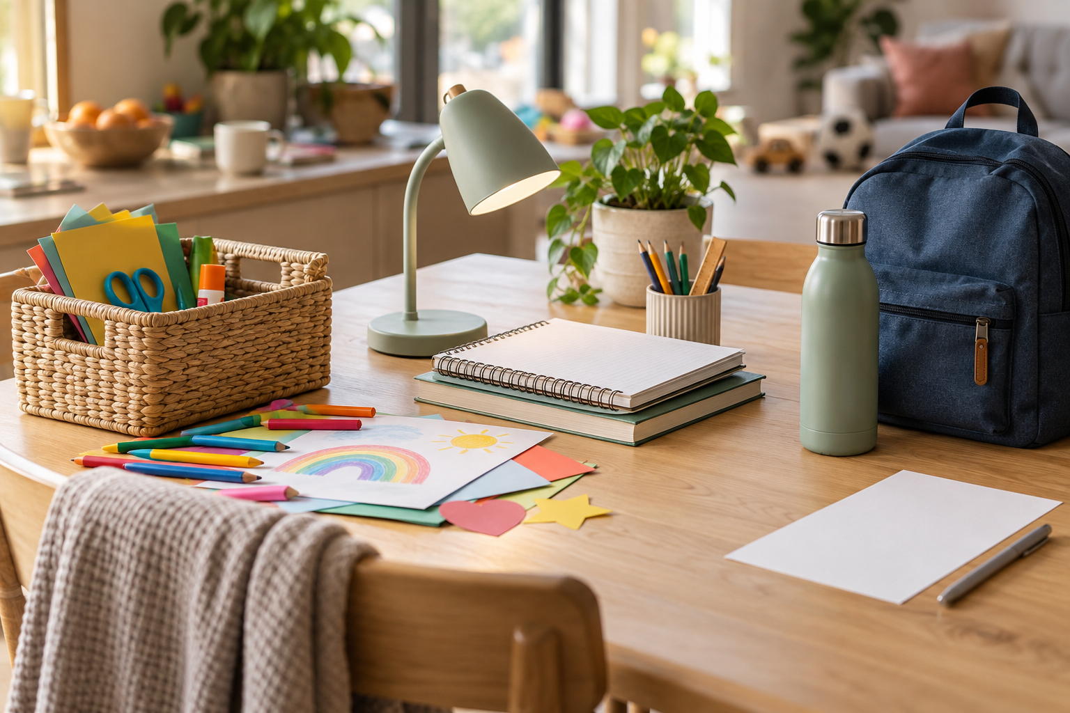 Household purchases are paired with their intended uses, including craft storage, a homework lamp, and a bottle beside a school backpack.