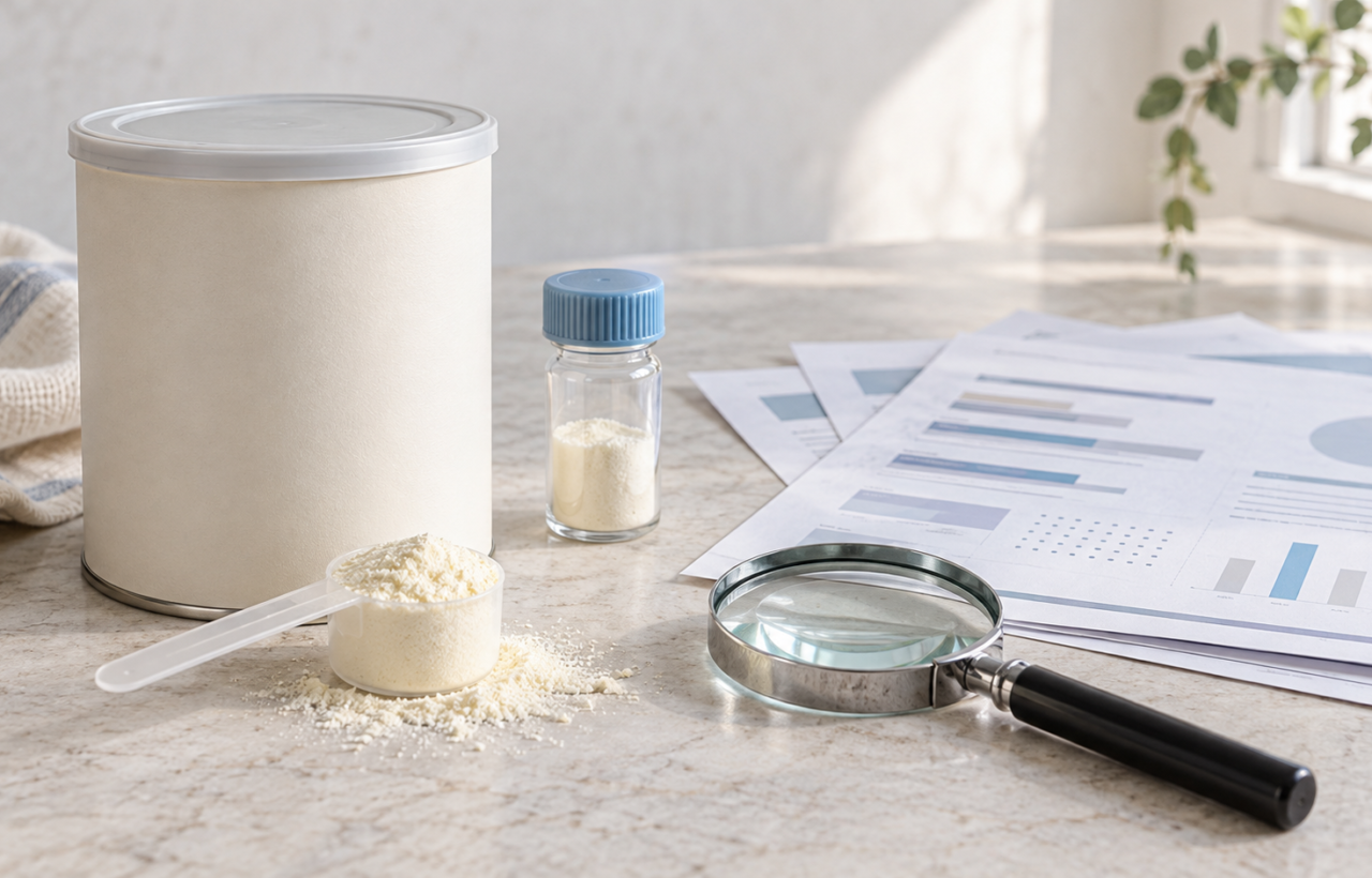 An unbranded infant formula container, powder-filled scoop, sample vial, magnifying glass and laboratory report sheets arranged on a pale surface.