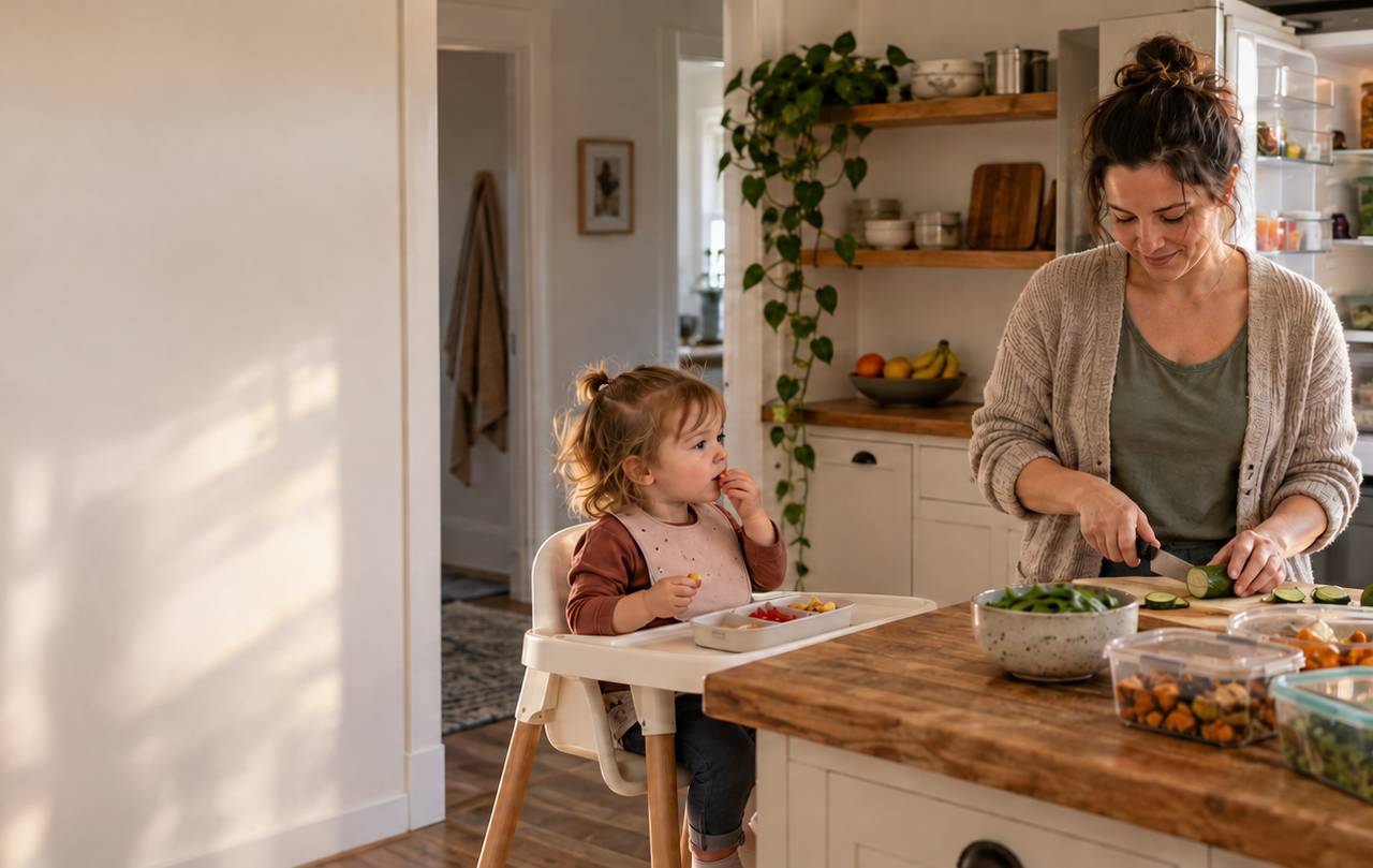 A parent prepares dinner from leftovers, pantry staples, and fresh produce while a toddler and baby wait nearby in a family kitchen.