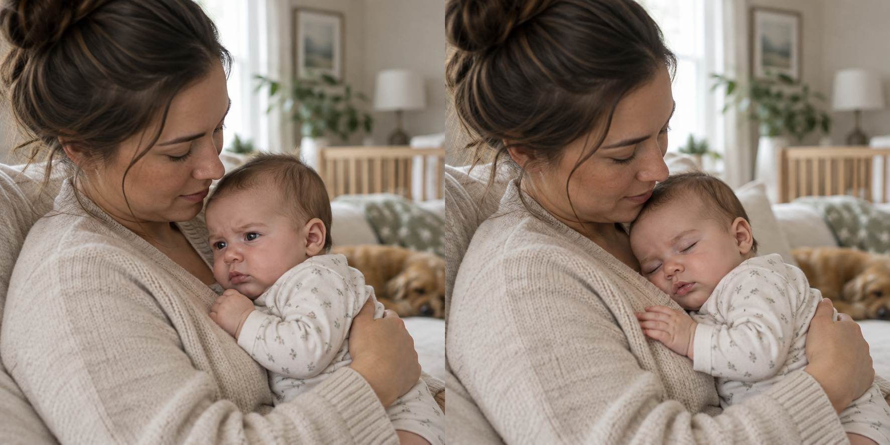 Two views show a baby briefly pausing while still tense and later relaxing against a caregiver.