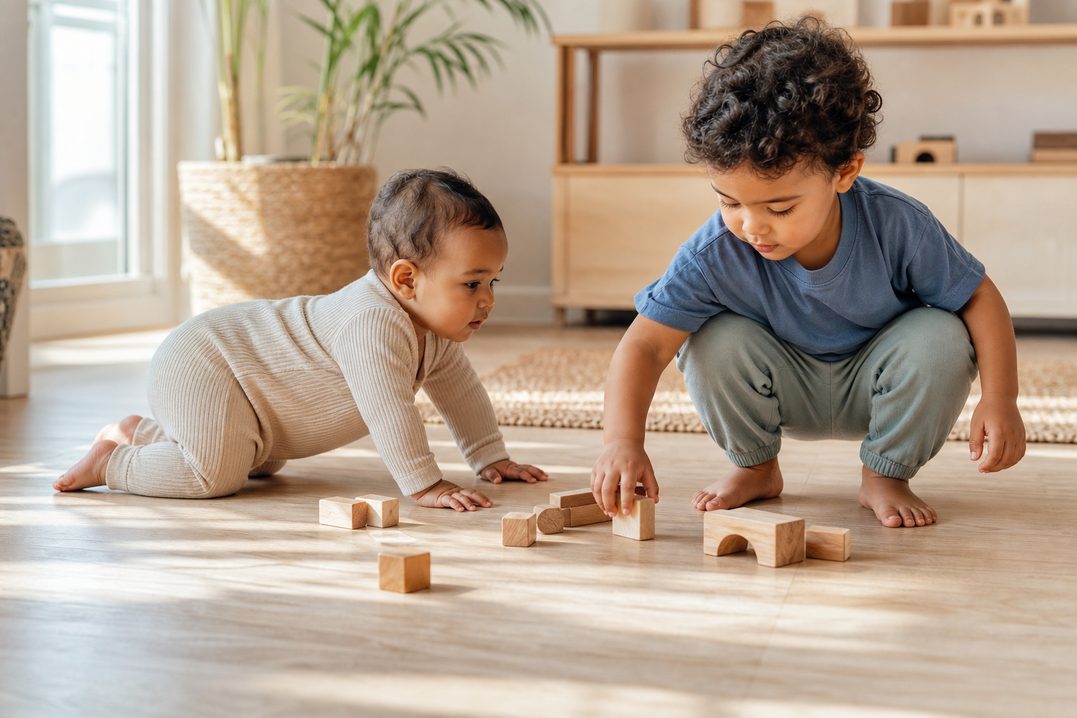 A baby crawls in a roomy romper while a toddler squats comfortably in a loose top and pull-on trousers.
