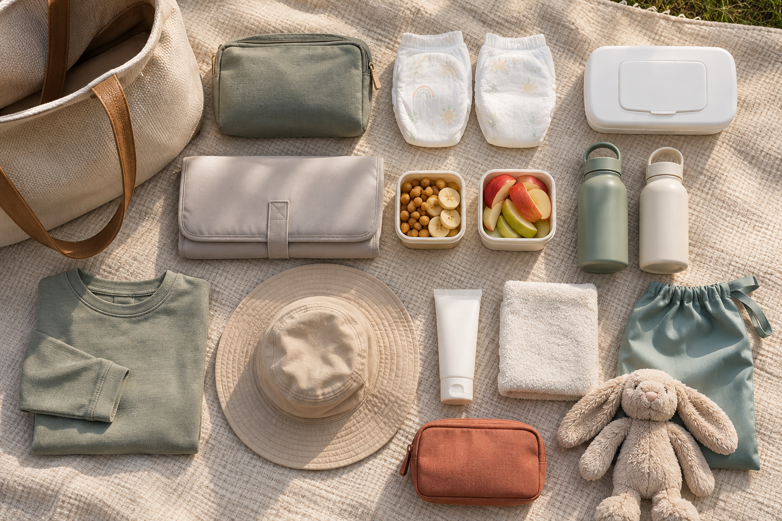 A compact baby and toddler outing kit includes diapers, wipes, snacks, water bottles, spare layers, sun protection, a towel and a comfort toy.