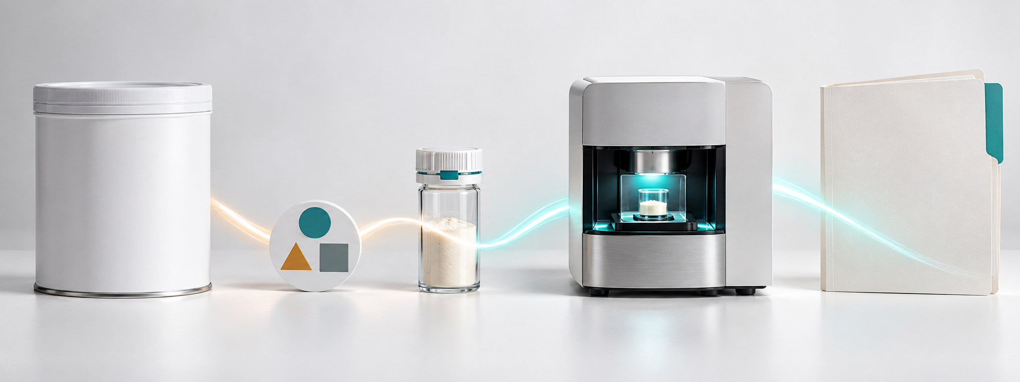 A formula container, batch marker, sample vial, laboratory instrument and review folder arranged in a connected sequence.