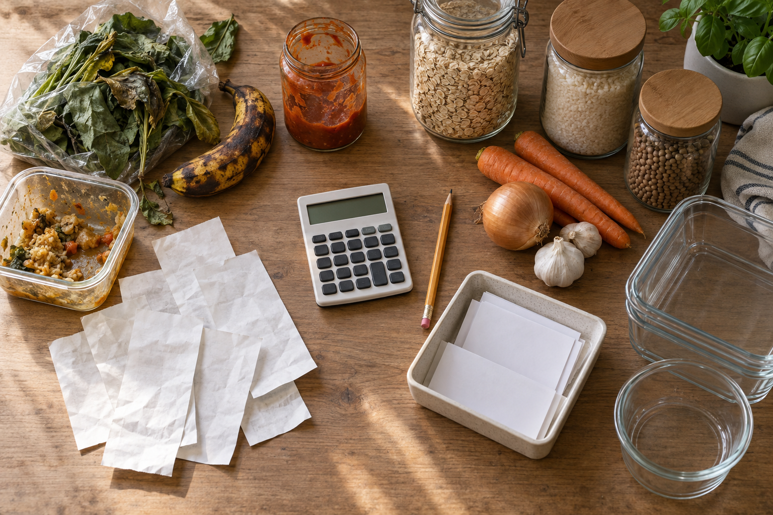 A kitchen table holds unreadable grocery receipts beside wilted produce, forgotten leftovers, and fully used food containers.