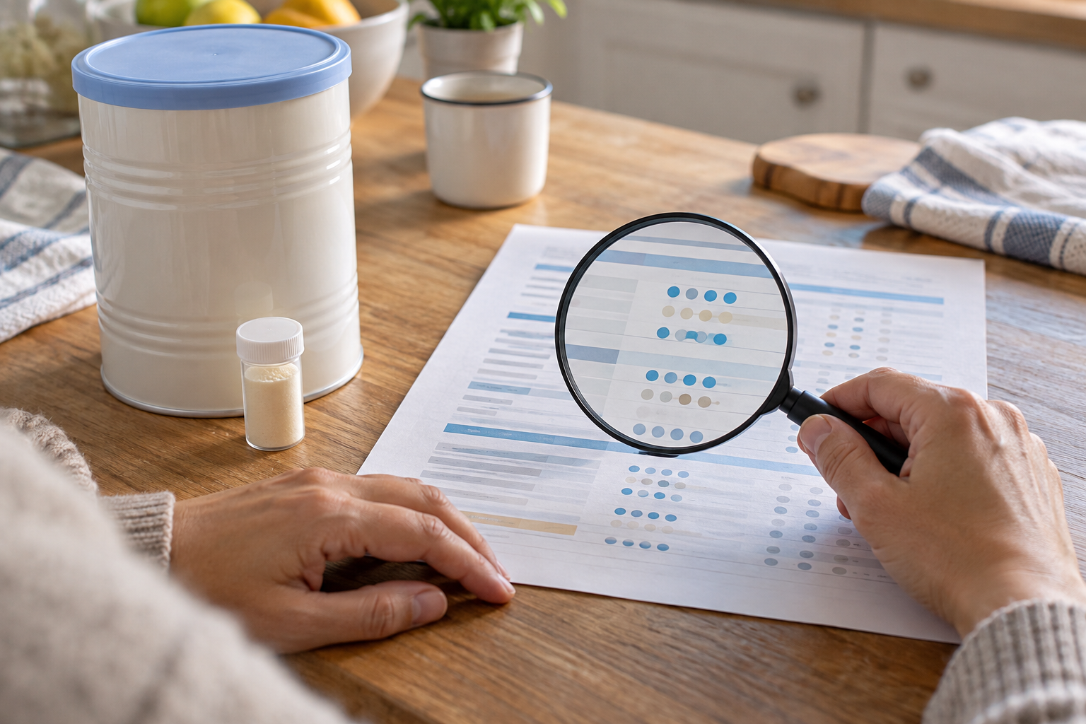 Hands use a magnifying glass to examine an abstract batch report beside an unbranded formula container and sealed sample vial.