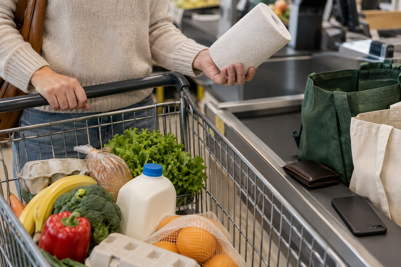 A shopper holds an optional household item above a cart while reviewing essential groceries before checkout.