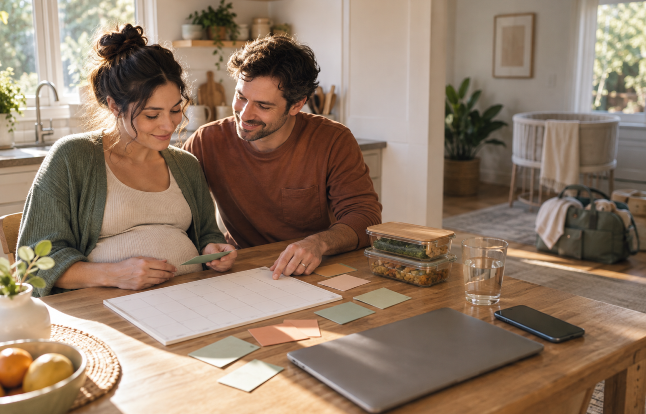 An expectant couple organizes blank planning cards and practical supplies at a kitchen table beside a packed hospital bag and bassinet.