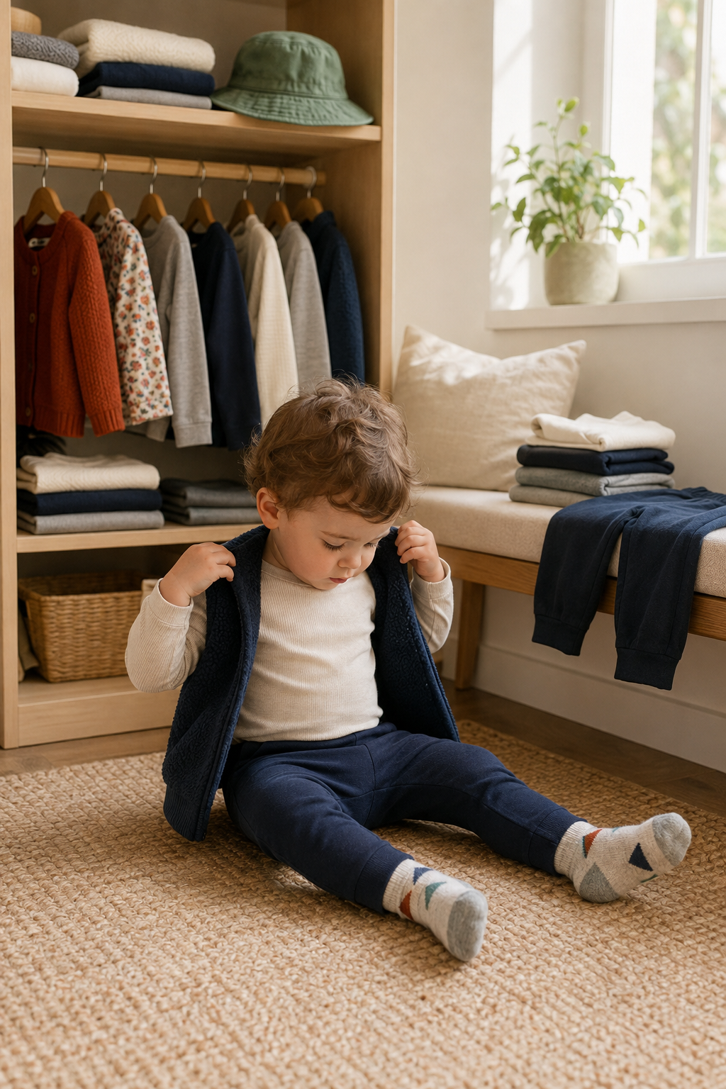 A toddler pulls on a colorful vest beside a small wardrobe of neutral basics and a few patterned accessories.
