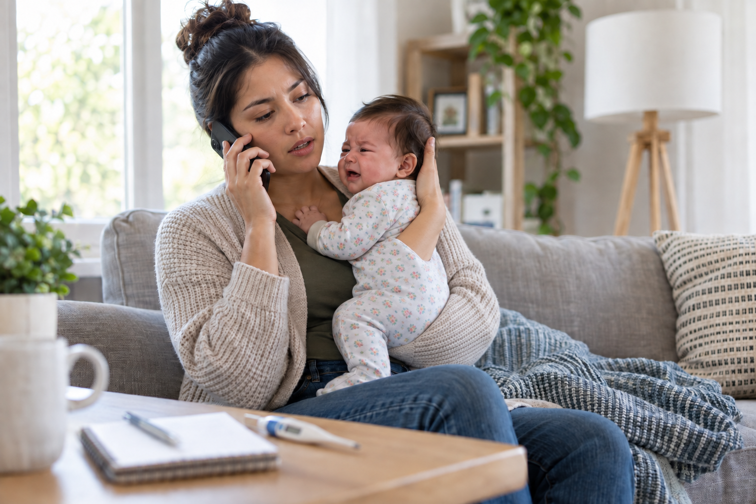 A caregiver holds a crying baby and calls a pediatric nurse, with a thermometer nearby.