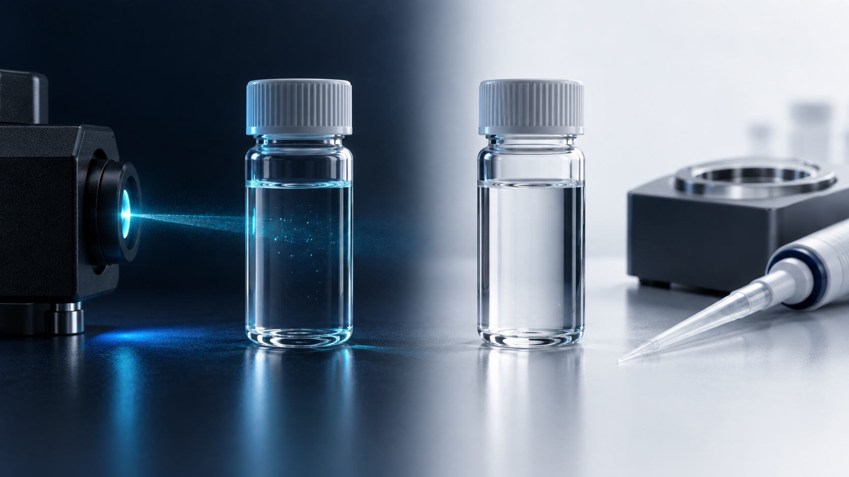 Two views of a clear laboratory sample show tiny illuminated particles visible under a sensor beam but not in ordinary light.