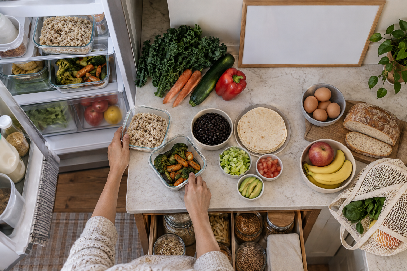 A parent groups leftovers, pantry staples, and fresh ingredients into several flexible family meals before shopping.