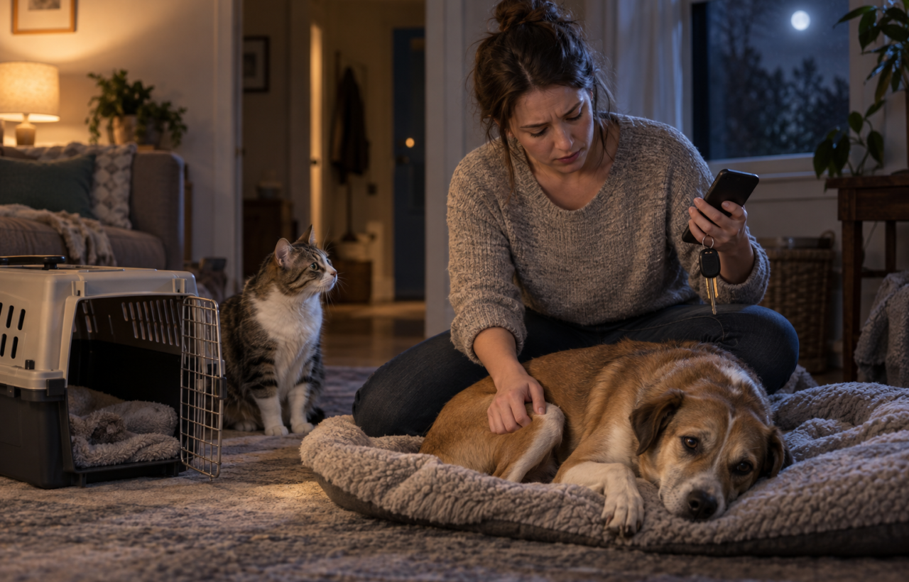 A pet owner at home at night holds a phone and car keys beside an unwell dog and an open cat carrier.