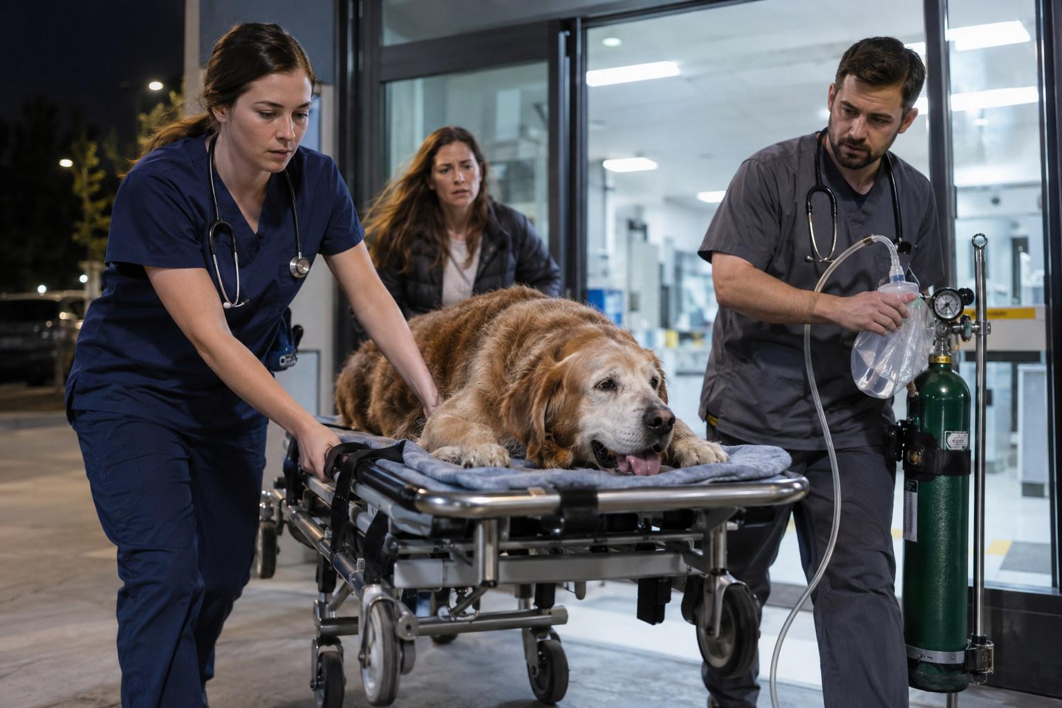 Veterinary clinicians rush a weak dog with labored breathing into an emergency treatment area while its owner follows.