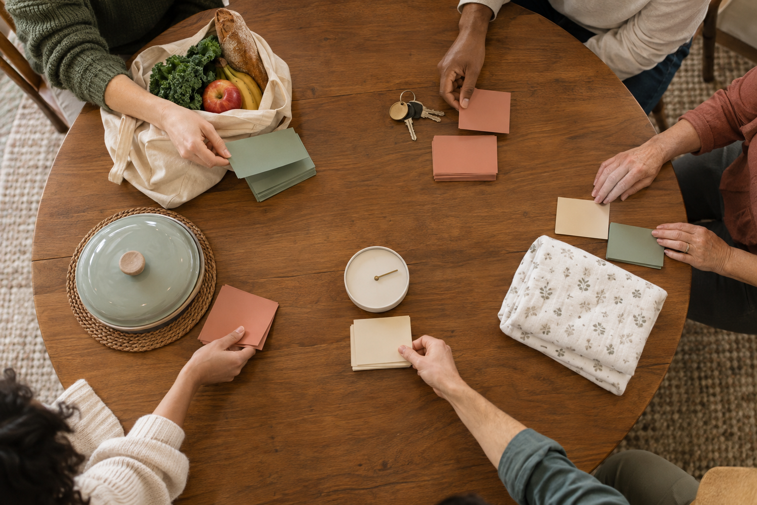 Family members and friends arrange blank task cards beside groceries, keys, a meal dish, a baby blanket and a clock.