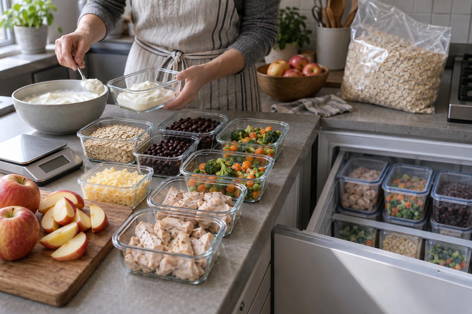 A parent portions versatile groceries into refrigerator and freezer containers while an oversized bulk package sits unused nearby.