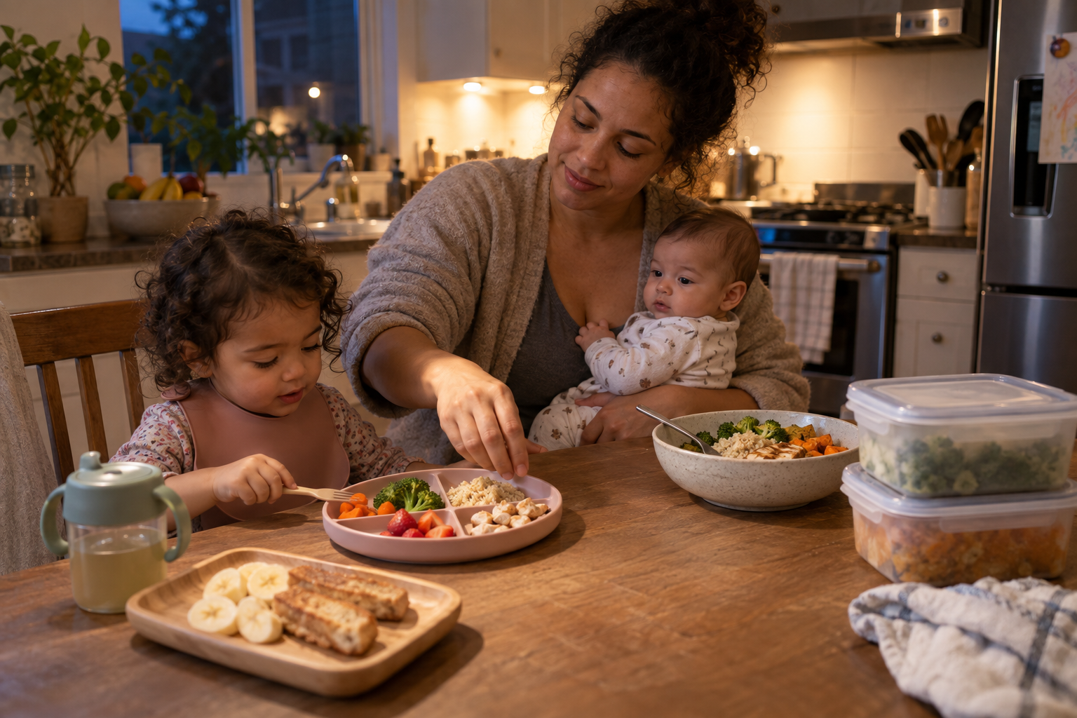 A parent holds a baby while serving a toddler a small deconstructed meal with a simple backup option ready nearby.