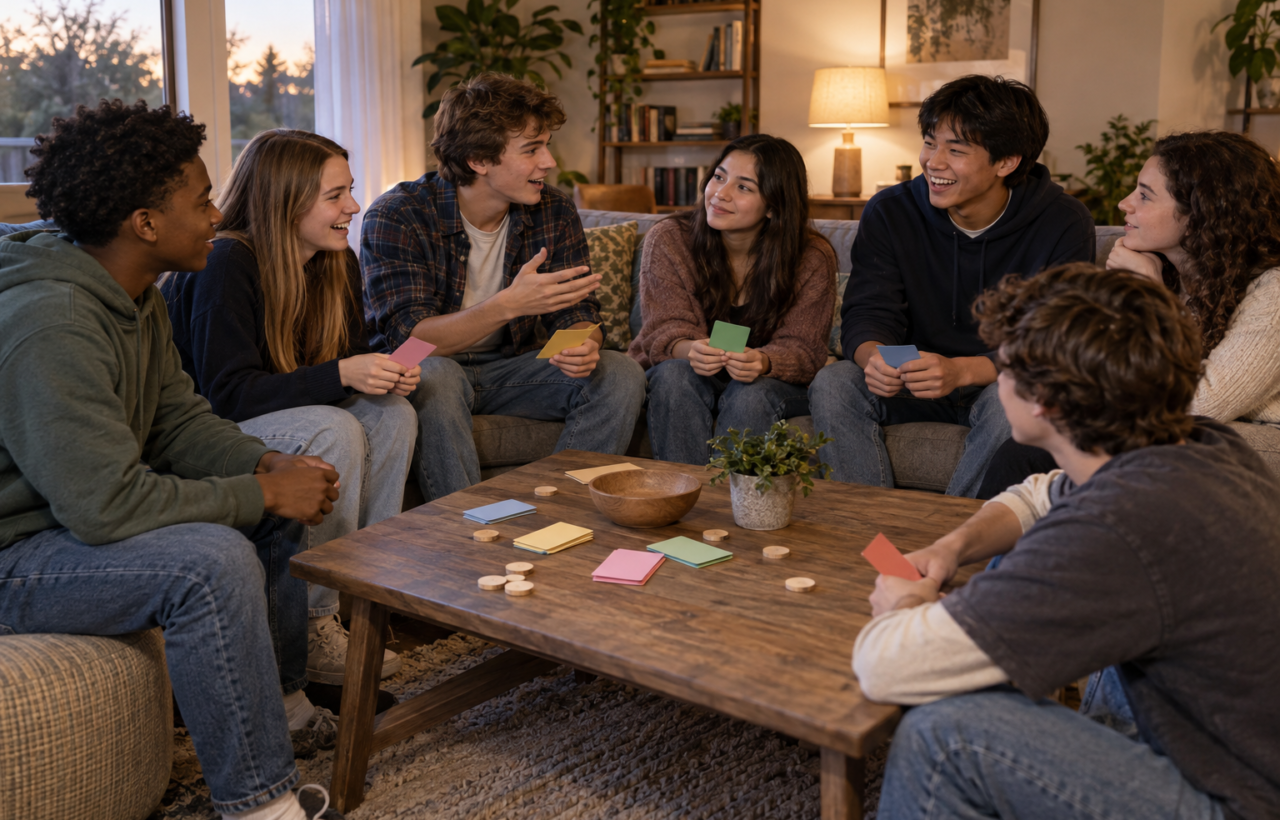 Seven teenagers sit in a loose circle in a living room, laughing and playing a game with blank cards and wooden tokens.