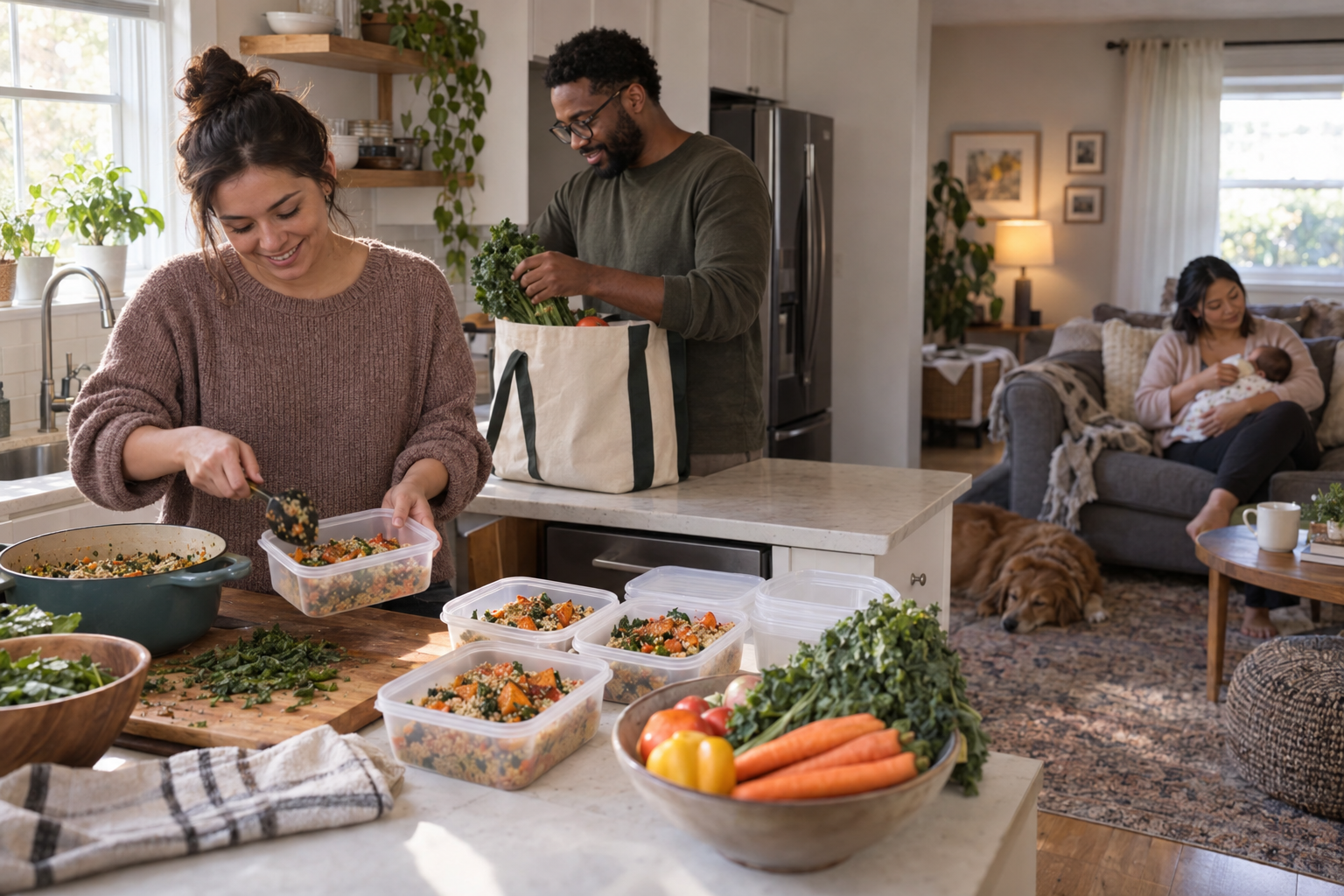 Two helpers prepare meals and unpack groceries while a recovering parent feeds a newborn in the adjoining living area.