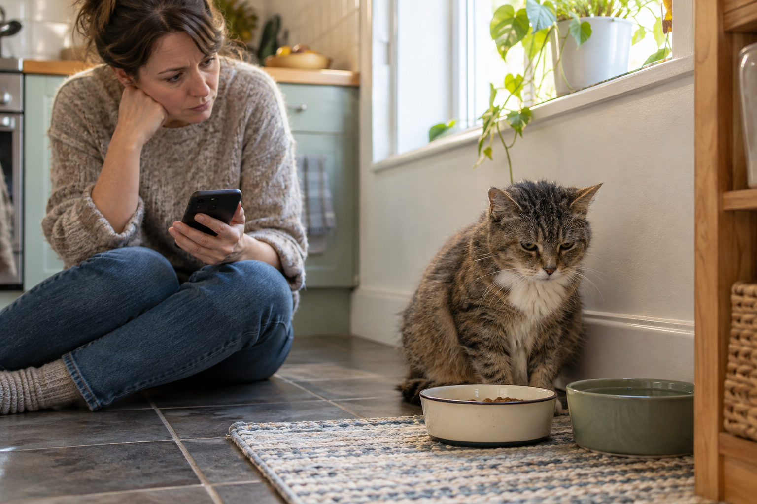 A pet owner watches a withdrawn older cat sitting beside untouched food and water bowls and holds a phone nearby.