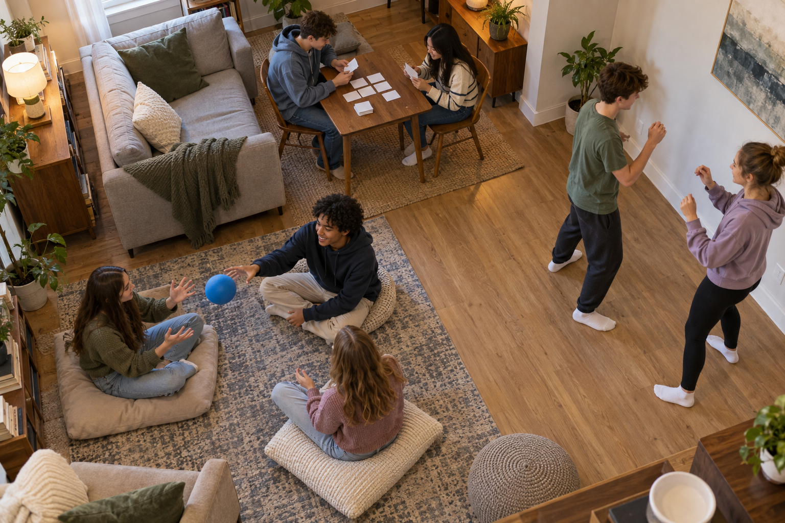 Teenagers use three areas of a living room for a table game, a seated circle game, and a standing activity.